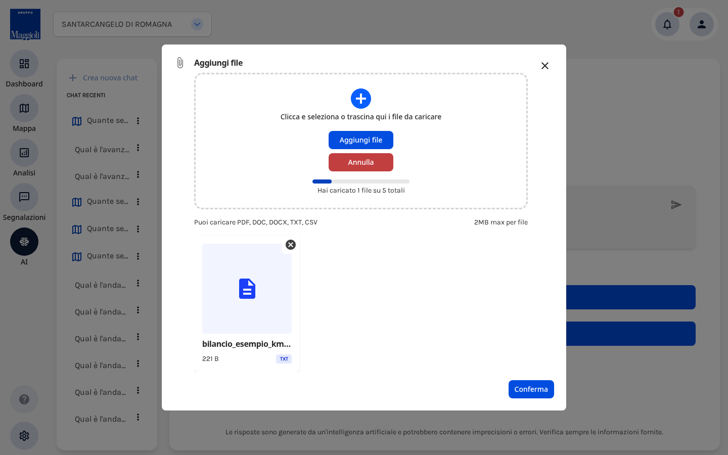 Dialogo "Aggiungi file" per allegare un documento alla chat AI
