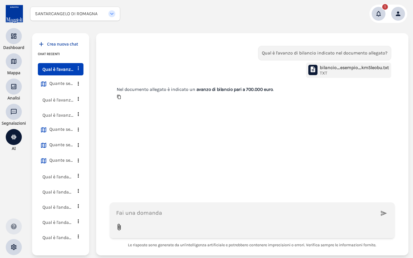 Risposta dell'Assistente AI basata sul contenuto di un documento allegato