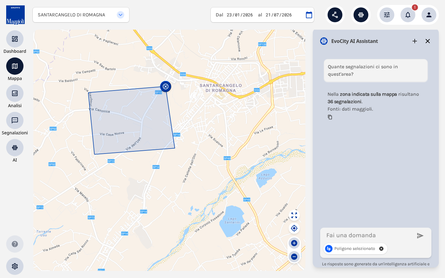 Domanda all'Assistente AI limitata a un'area disegnata sulla mappa