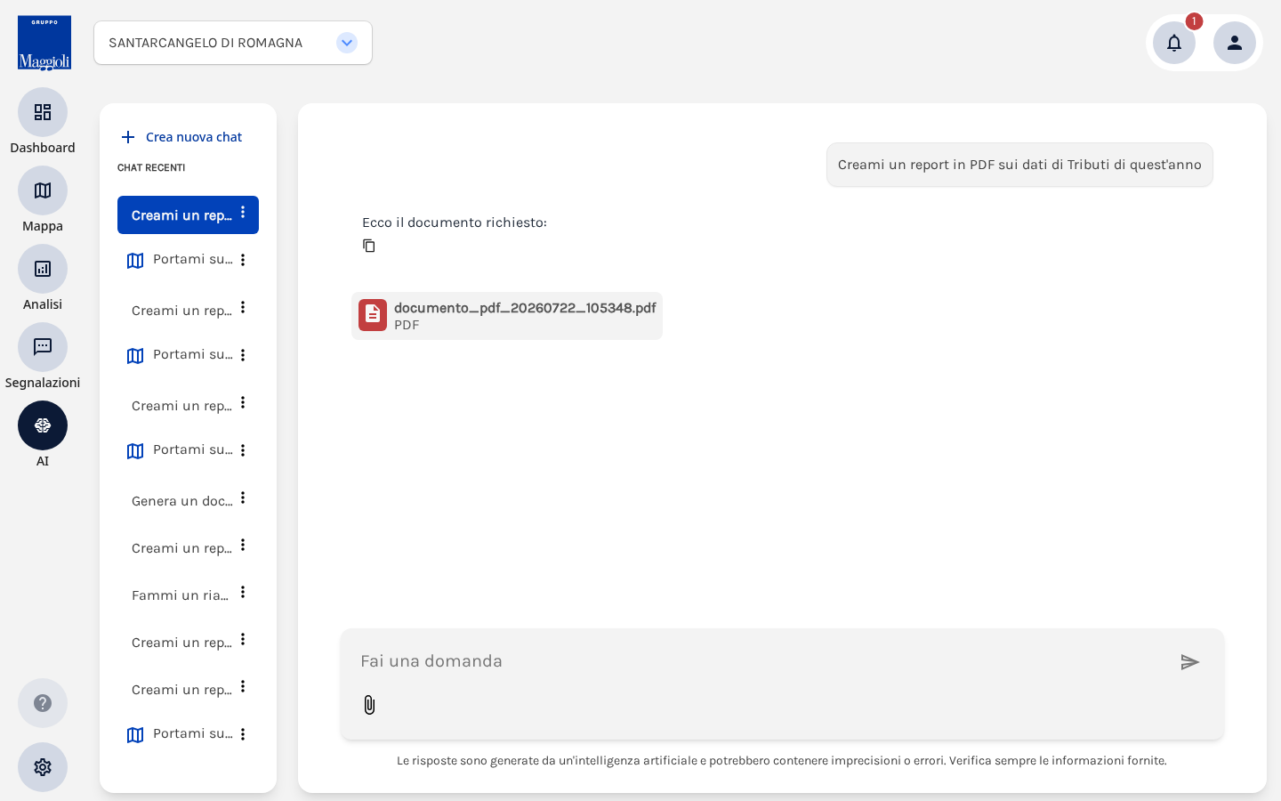Risposta dell'Assistente AI con un documento PDF allegato